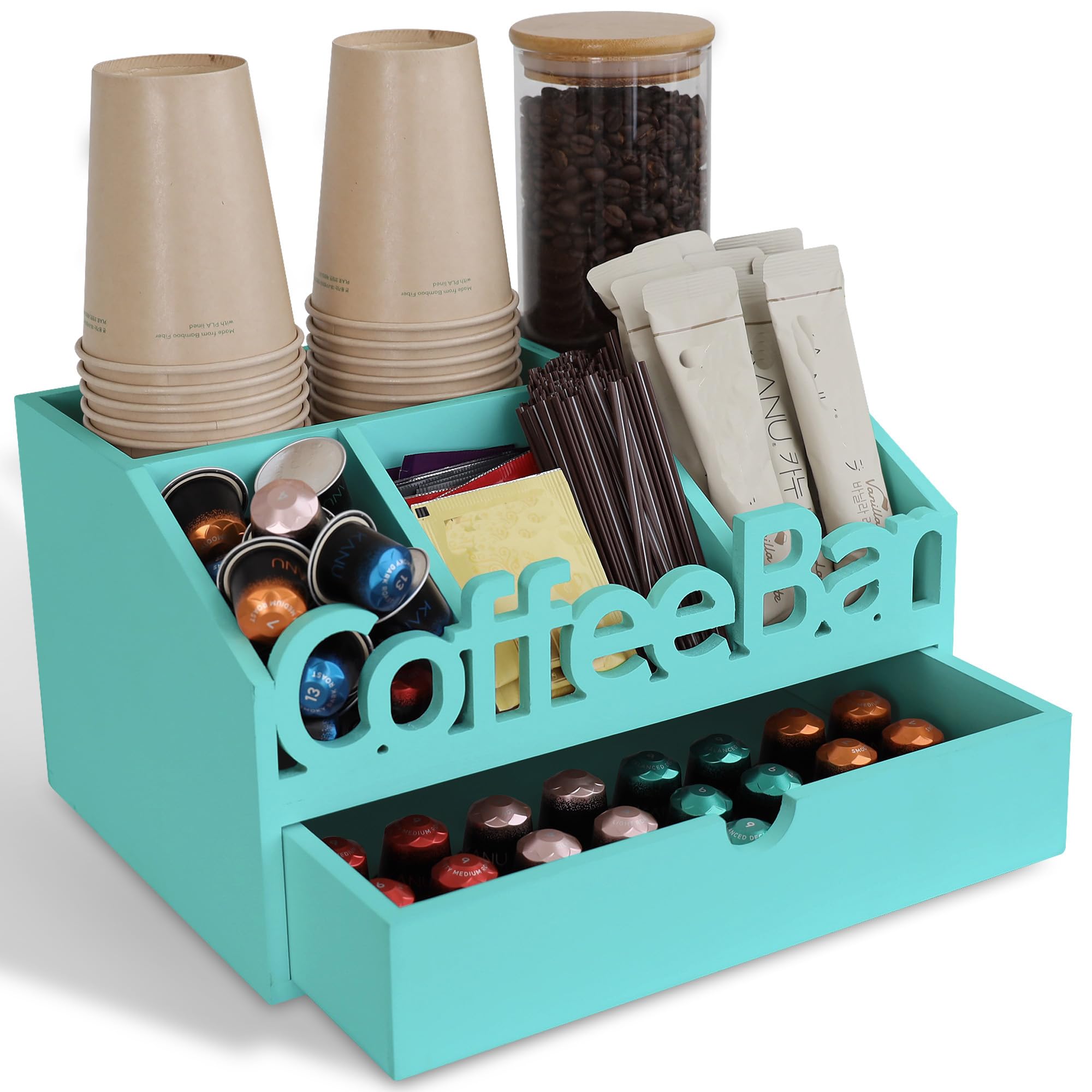 ADDFIT HOUSE Coffee Bar Organizer for Countertop – Wooden Coffee Station, Tea and K Cup, Condiment Storage Rack, Coffee Pod Holder for Home and Office