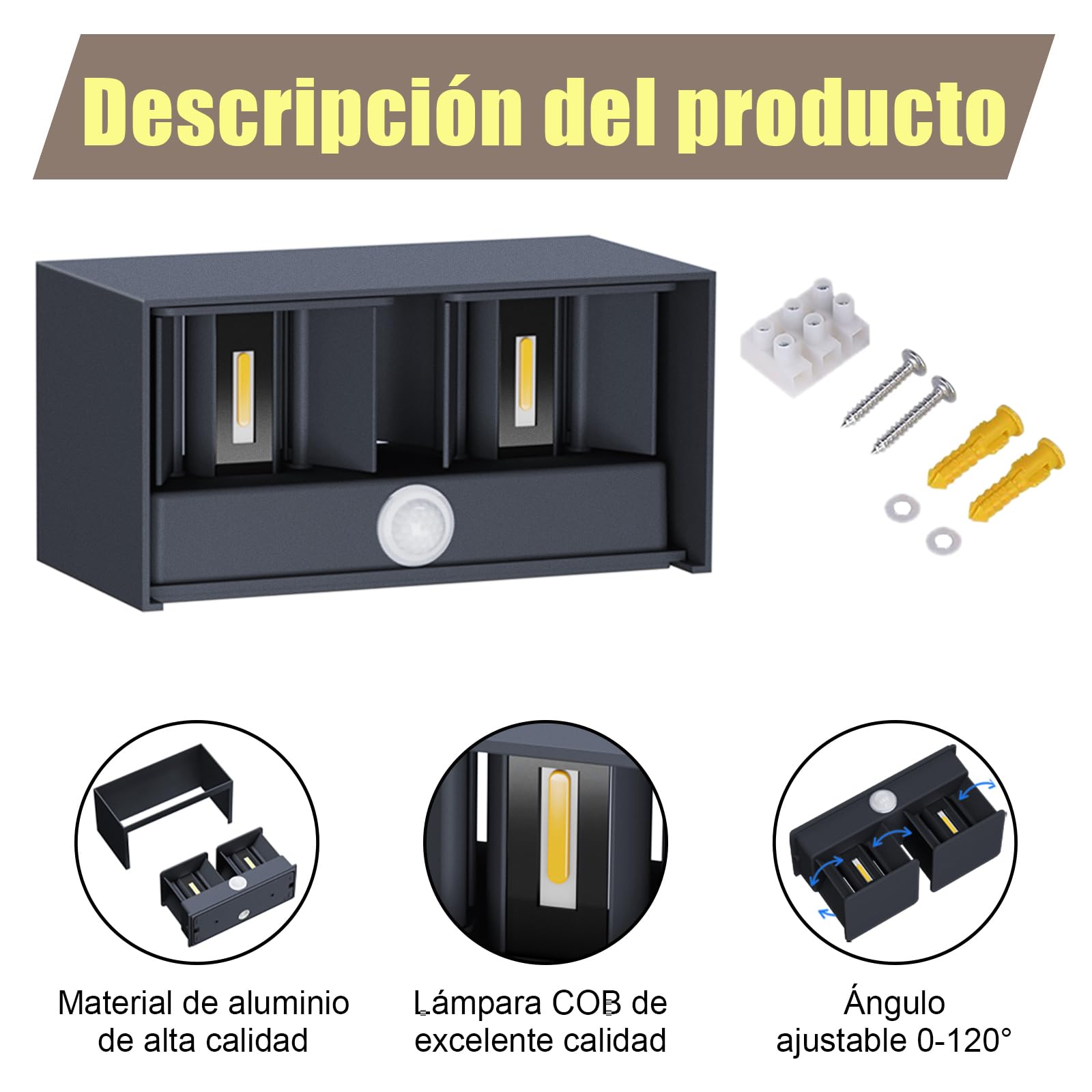 Klighten Aplique de pared con sensor de movimiento,24W Aplique pared exterior/interior con haz de luz ajustable, 3000K blanco cálido, Lámparas de pared Ip65 con sensor (Antracita)