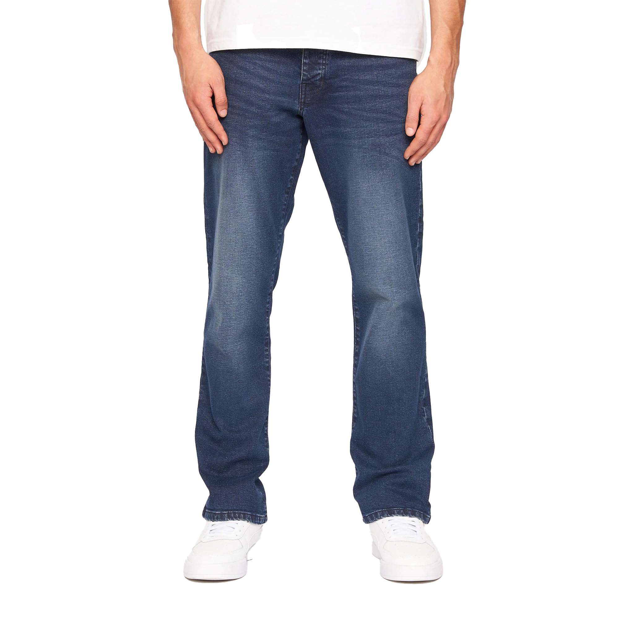 Crosshatch Men's Navy ’S Princed Denim Jeans With Branded Belt-Dark Wash, Stretch Cotton 5-Pocket Designer Trousers With Button Fly & Branded Hardware, W30 L32