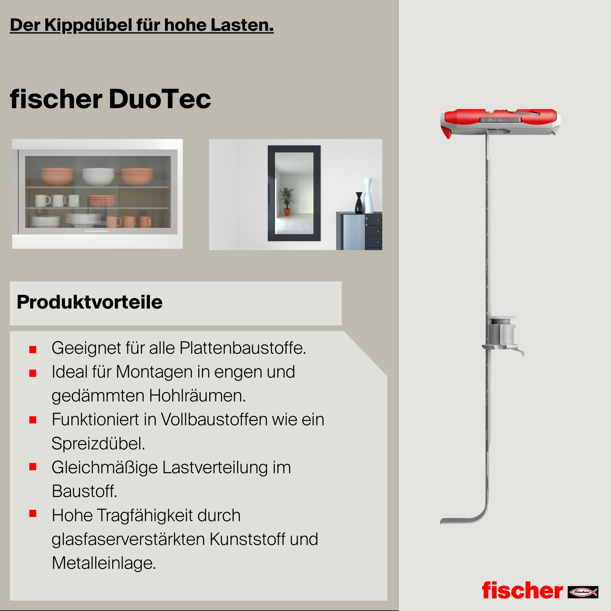 fischer DuoTec 10, Nylon-Kippdübel für hohe Lasten in allen Plattenbaustoffen, 2-Komponenten-Dübel, Hohlraumdübel zur Befestigung in Gipskarton-, Gipsfaser-, Holz- & Stahlplatten uvm., 50 Stück