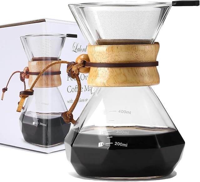 Lalord Pour Over Coffee Maker with Stainless Steel Filter, Borosilicate Glass Coffee Maker Carafe, Wooden Collar, Glass Coffee Maker, Hold 2 Cups, 13.5 oz/400 ml, Clear