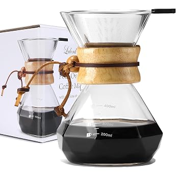 Lalord Pour Over Coffee Maker with Stainless Steel Filter, Borosilicate Glass Coffee Pot, Wooden Collar, Coffee Filter Brewer