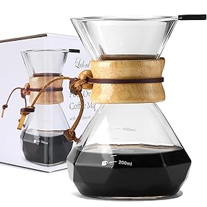 Cafetera de Goteo con Filtro de Acero Inoxidable Reutilizable, Jarra de Café de Vidrio de Borosilicato, Collar de Madera, Capacidad Para 2 tazas, 13.5 oz/400 ml
