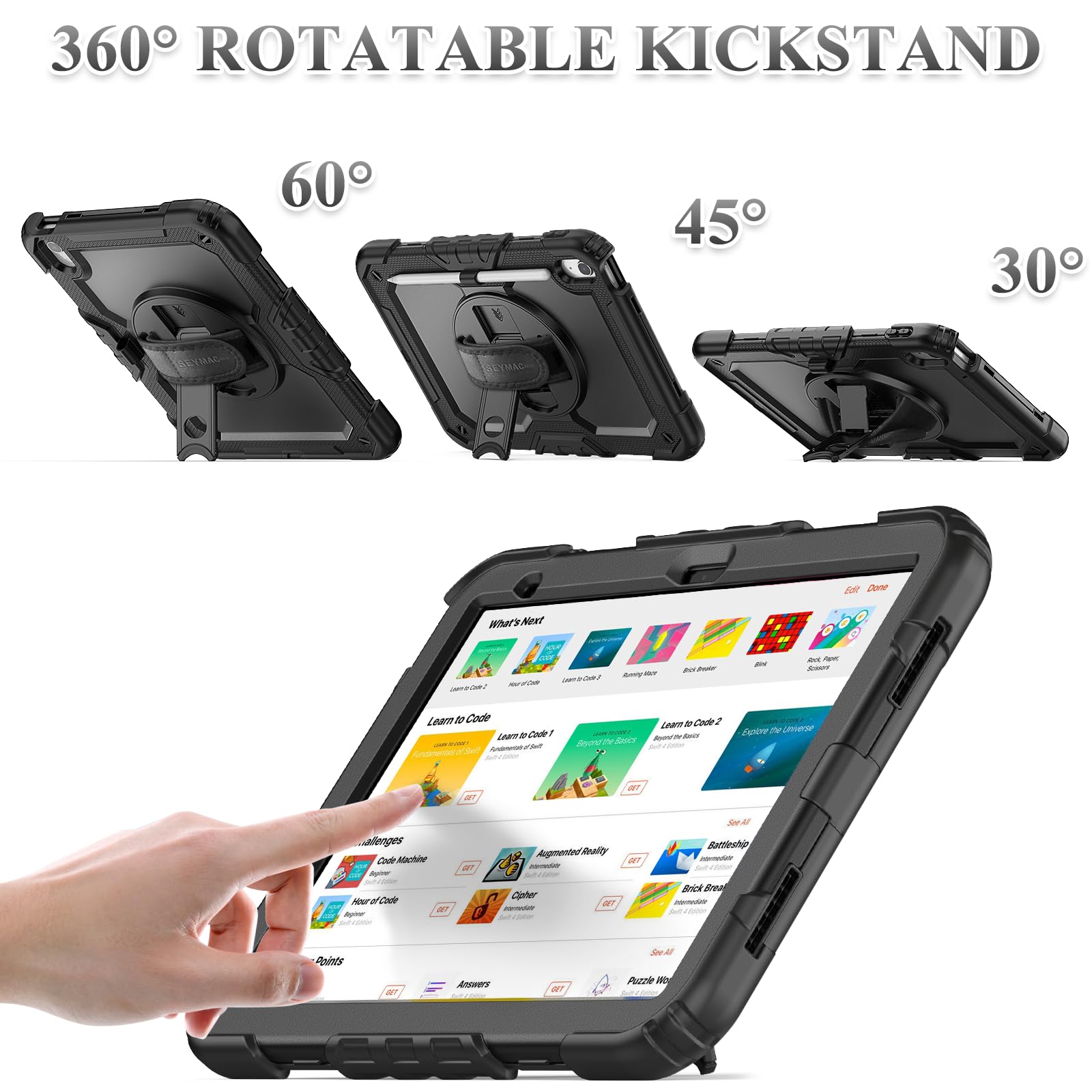 SEYMAC stock Coque pour iPad (A16) 11ème/10ème Génération 11/10,9 Pouces 2025/2022, Coque Antichoc avec Protecteur D'écran, Support Rotatif à 360°/Dragonne, Porte-Crayon et Bandoulière, Noir