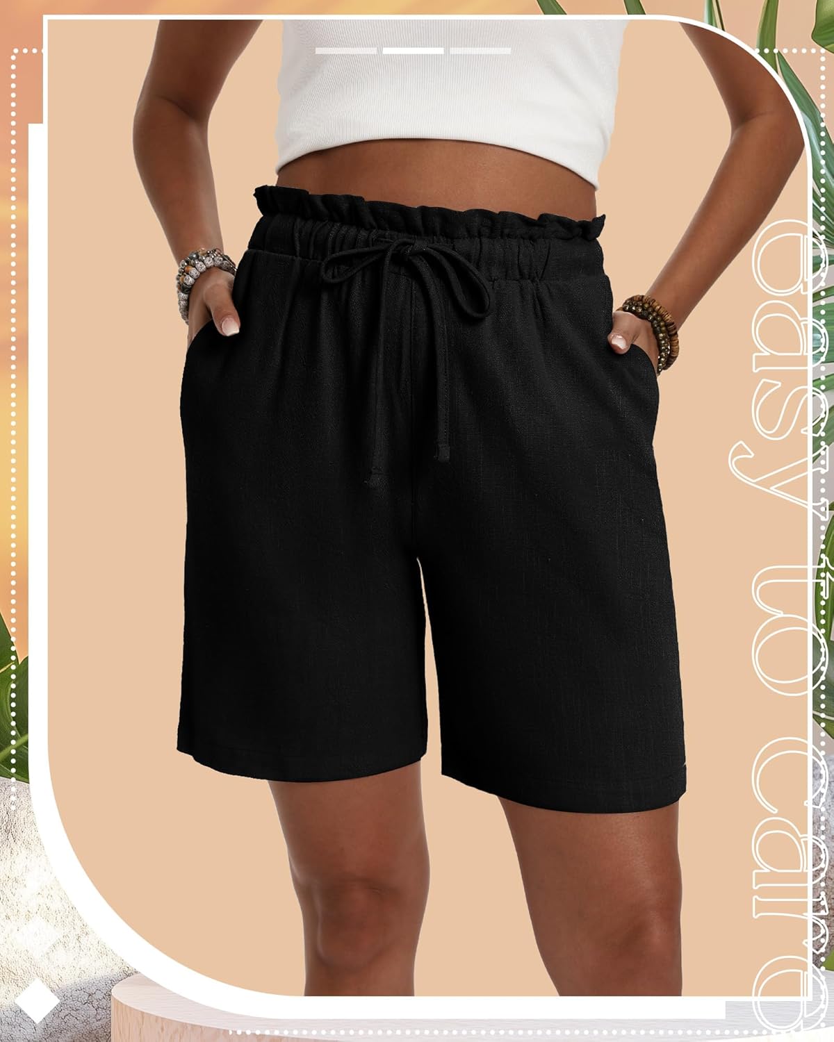 Neer 3 Pack Women's Linen Bermuda Shorts Summer Wide Leg Casual High Waist Drawstring Mid Length Shorts with Pockets - Image 3