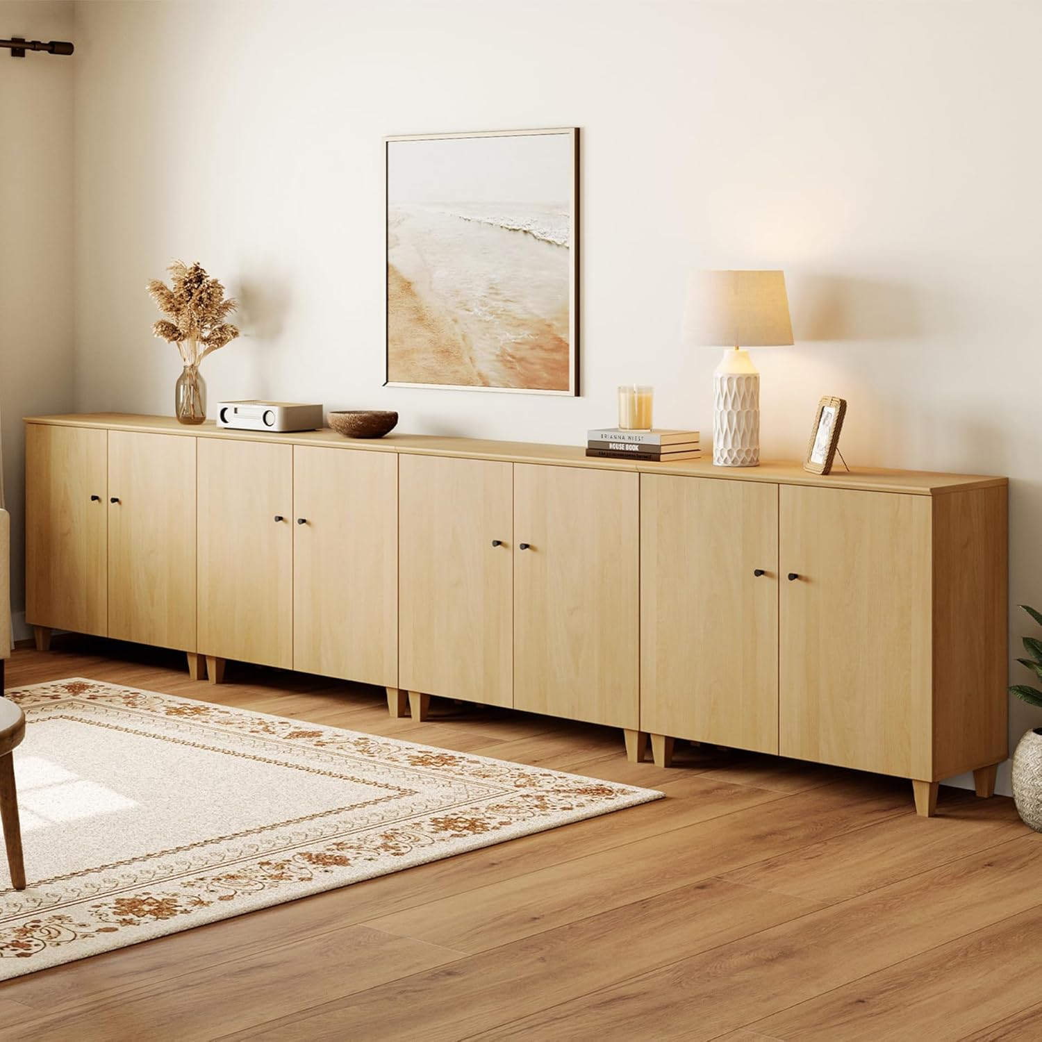 Wampat Sideboards Buffet Cabinet, 106" Wide Wooden Credenza with 6 Doors, 3-in-1 Modern Kitchen Coffee Bar Cabinet with 9 Compartments for Living Room, Hallway, Oak Brown