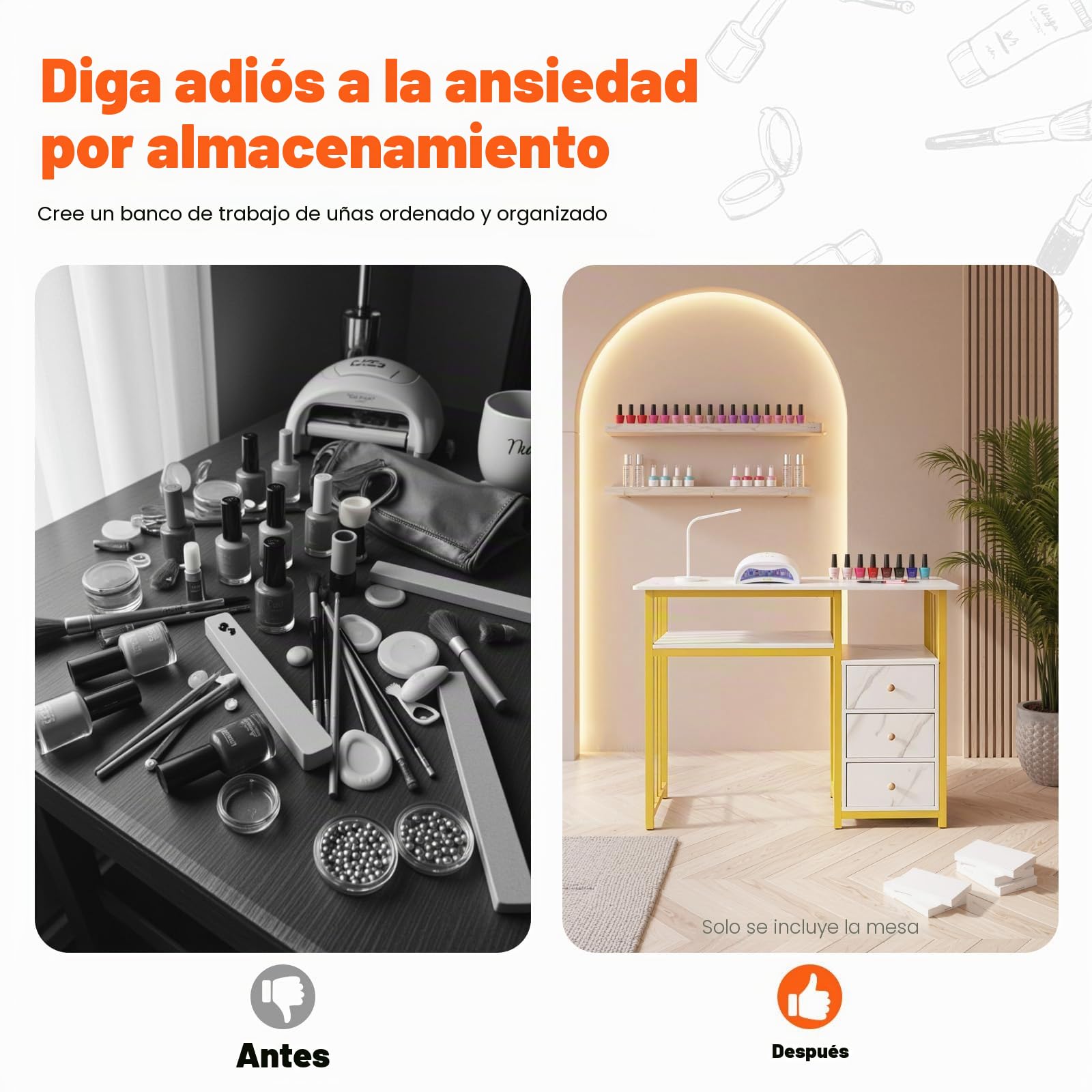 Escritorio de manicura, 3 cajones, mesa de manicura, mesa de manicura, textura de mármol, para Nail Tech y salón de belleza, 100 x 40 x 76 cm