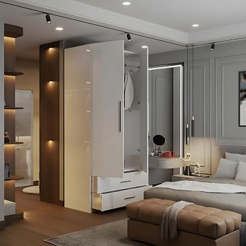 MN Furniture High Gloss 2 Door Hinged Wardrobe with Mirror, Drawers Shelves & Hanging Rail, Freestanding Bedroom Storage (White, 80cm)