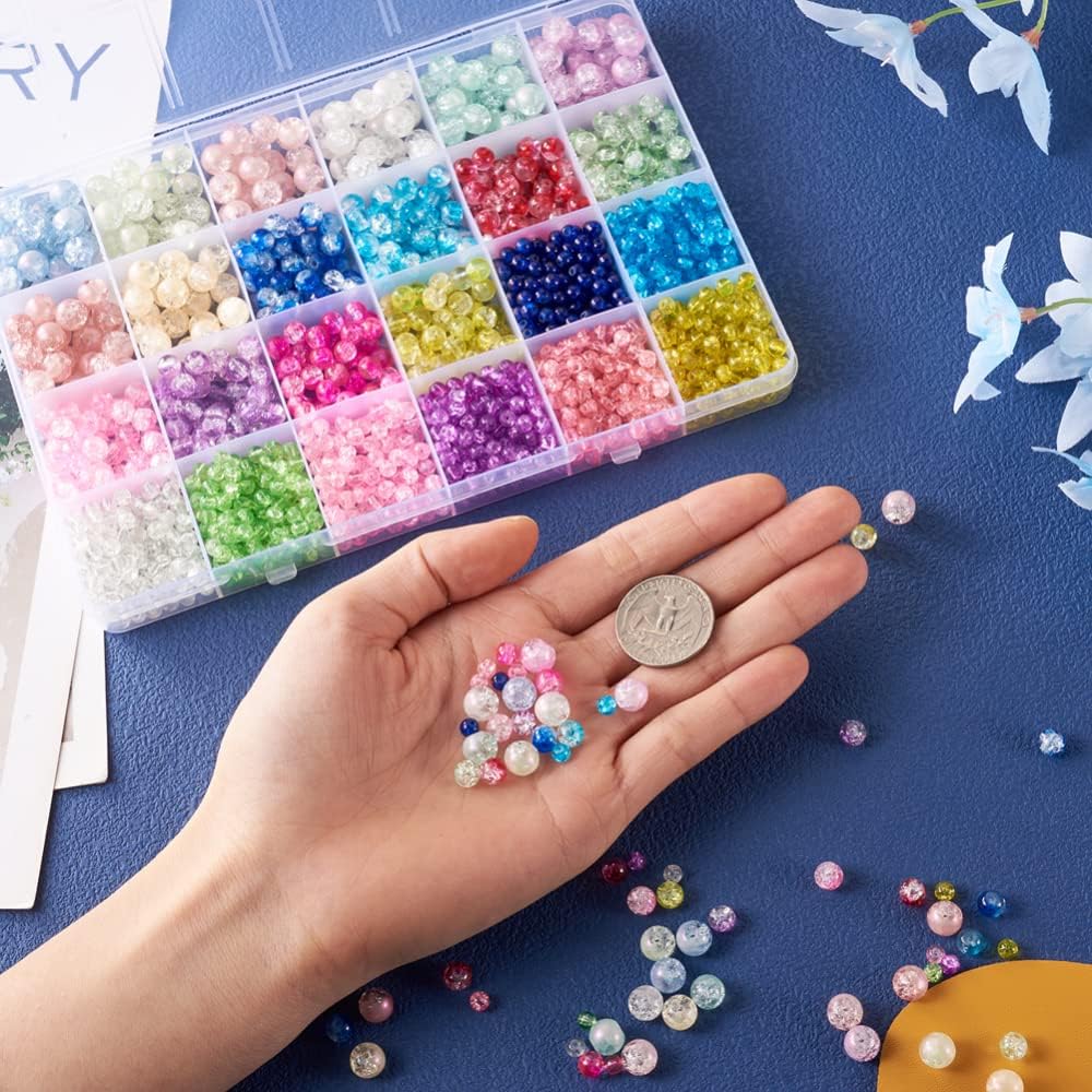 Cheriswelry 1800Pcs 4mm 6mm 8mm Crackle Glass Beads Colorful Round Crackle Glass Beads Loose Spacer Beads for DIY Necklace Bracelet Earring Jewelry Making