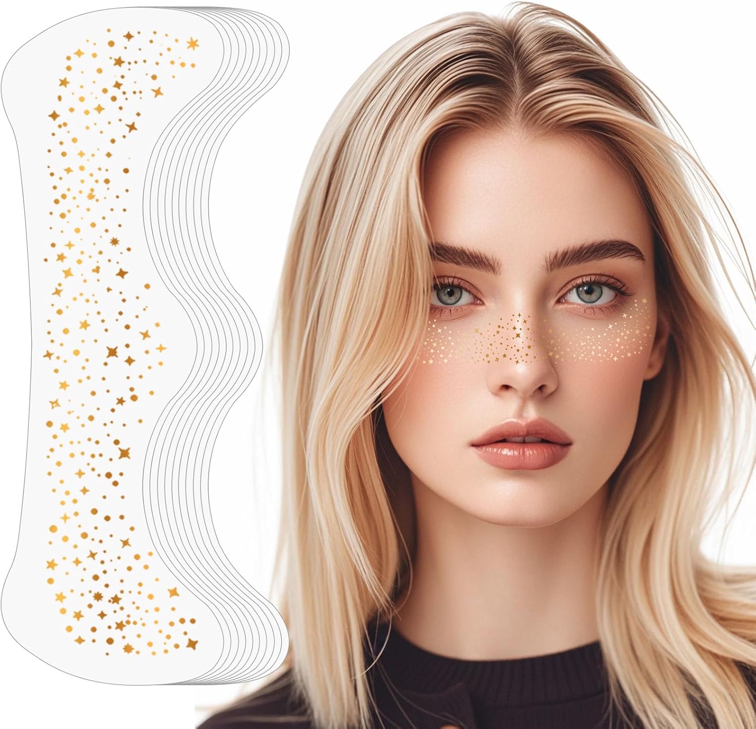 Face Glitter Freckles, Glow Up Makeup Patches for Face, 10pcs Gold Sparkle Freckles, Face Glitter Makeup Speckles, Glitter Makeup Accessories for Women, Faux Glitter Freckles Face Tattoo (Golden Star)
