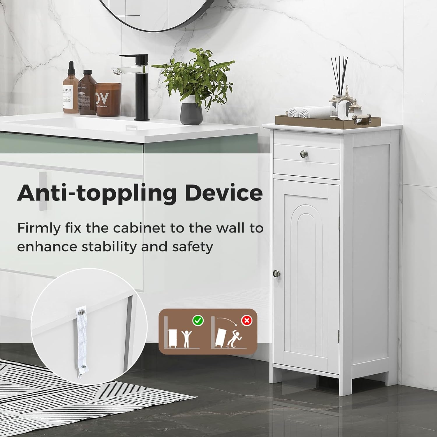 MAT EXPERT Small Bathroom Storage Cabinet, Free-Standing Storage Organizer Unit with Drawer & 3-Level Adjustable Shelves, Anti-Toppling Device, Bathroom Floor Cabinet for Living Room, Entryway (White)