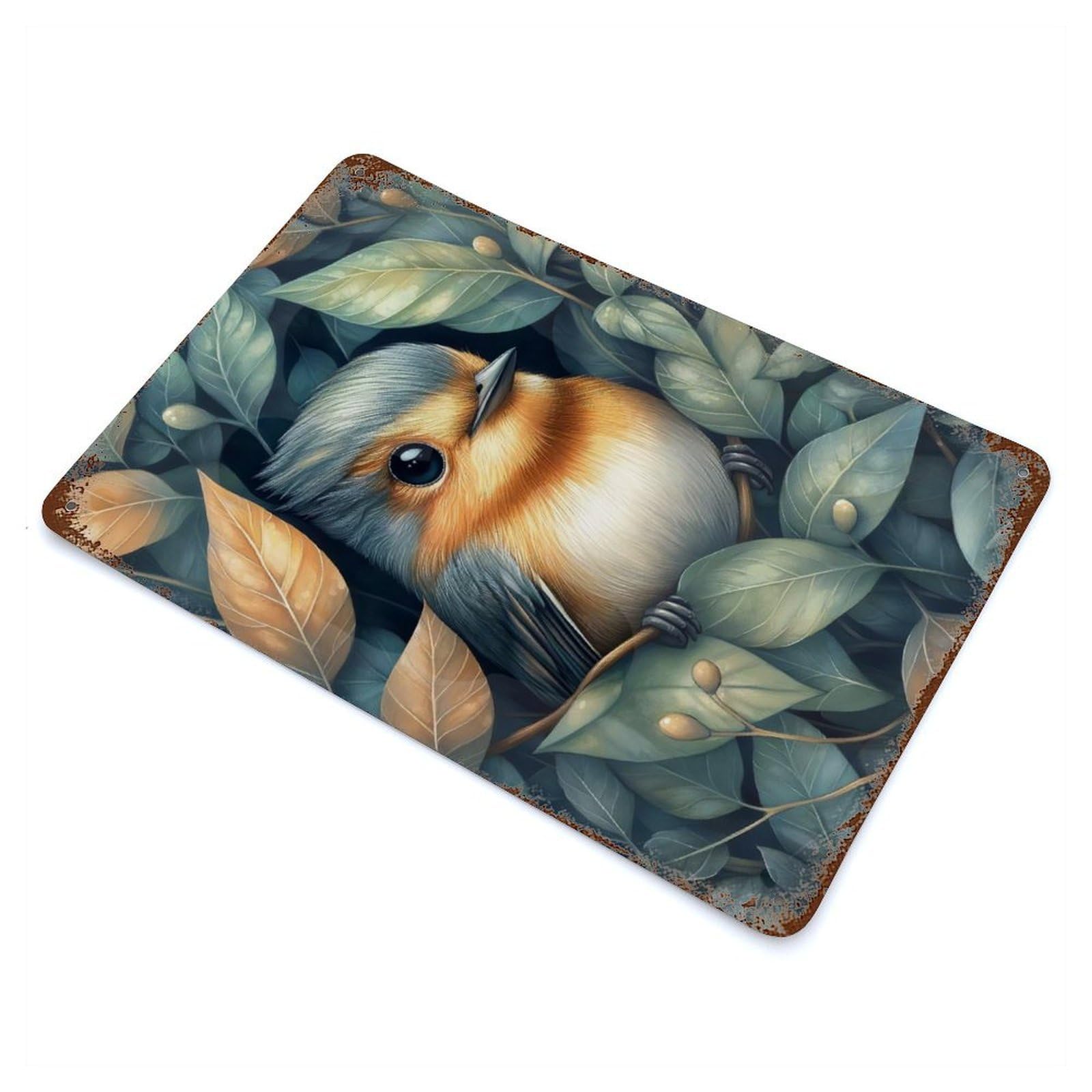 Decorative Tin Sign Cute Bird In Foliage 11.8"x7.9", Decorative Metal Wall Art for Garage, Bar And Workshop Decor