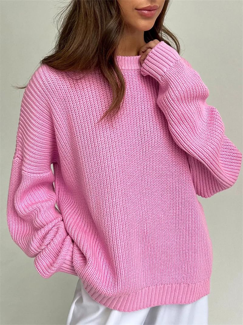 Damski sweter z dzianiny oversize z długim rękawem okrągły dekolt luźne grube swetry pulowery