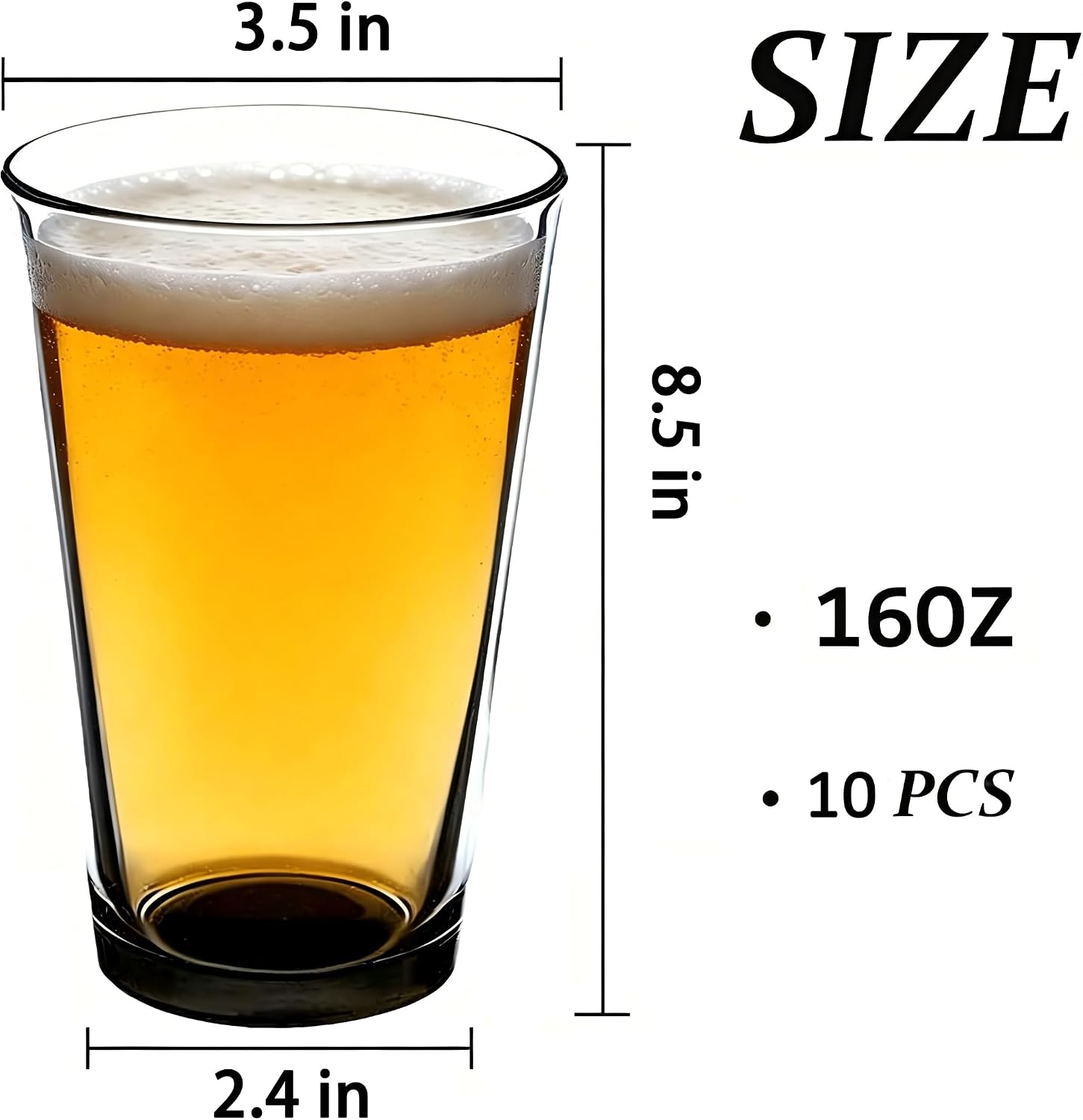 Beer Pint Glasses 16 oz – Set of 10, Heavy Duty Clear Glass Tumblers for Cold Beverages, Thick Walls & Stackable Base, Classic Highball Drinking Glasses for Home, Kitchen, Bar or Restaurant