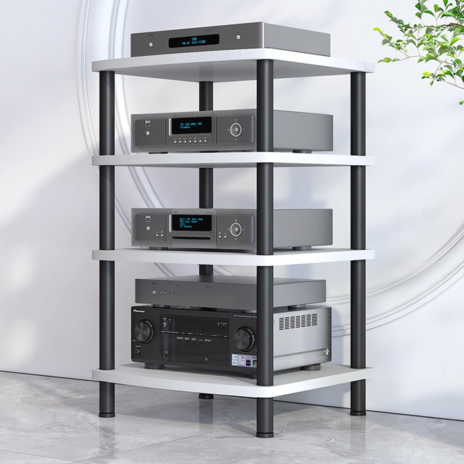 Nowoczesny stojak na audio AV, szafka stereo, stojak multimedialny z dużą ilością miejsca do przechowywania, idealny do salonu konferencyjnego i sal nagraniowych, biały (60 x 89 cm)