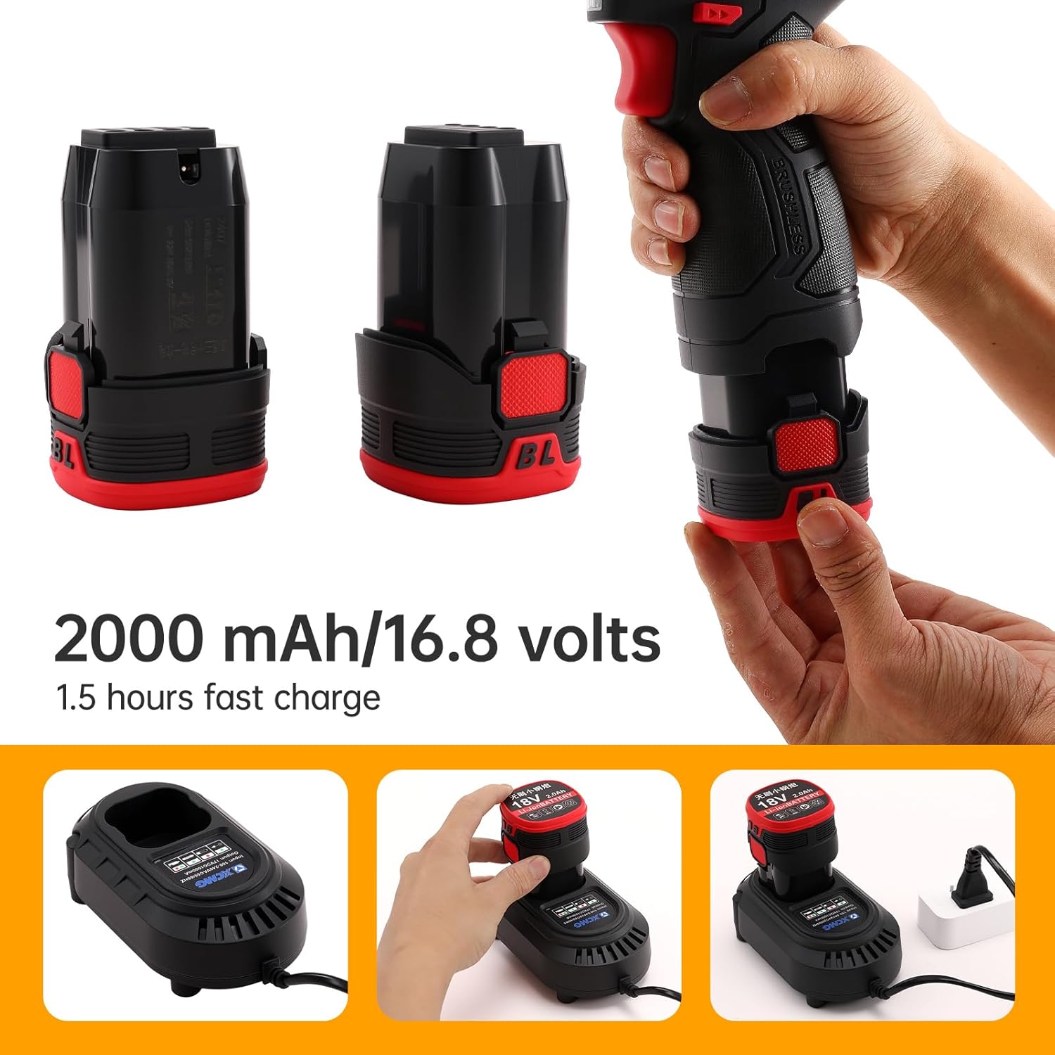 XCMG Cordless Hand Drill, 16.8V Brushless Motor, 3/8 Inch Keyless Chuck, Built-in LED Light, 20+1 Torque Adjustment, Dual Batteries for Long-Lasting Operation
