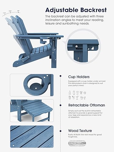 Miniatura 3 de KINGYES Folding Adjustable Adirondack Chair with Ottoman, HDPE Weather Resistance Oversized Adirondack Chair with Cup Holder, Wood-Like Reclining