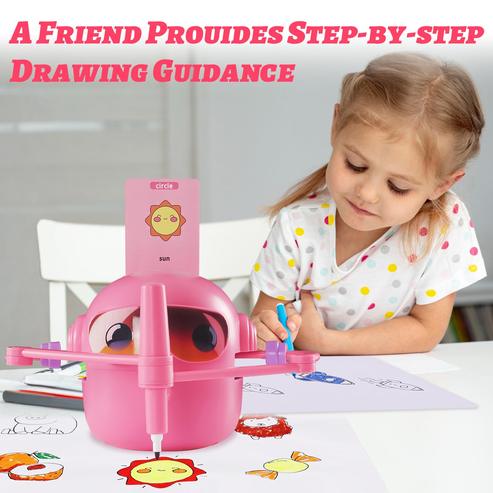 Roboticador de Dibujos para Niños,Drawing Robot Educativo Interactivo con Interacción de Voz,100 Tarjetas y 14 Lápices,Robots Inteligente Juguete,para Niños Niñas 3+ Años (Rosa)