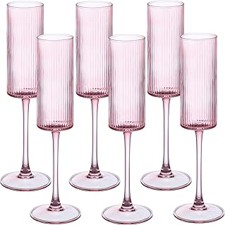 Champagne Flutes Set of 6,Vintage Ribbed Crystal Hand Blown 6 OZ Goblet Champagne Glasses Long Stem,Elegant Sparkling Wine Stemware Drinking Cocktail Unique Gift for Birthday, Wedding, Anniversary