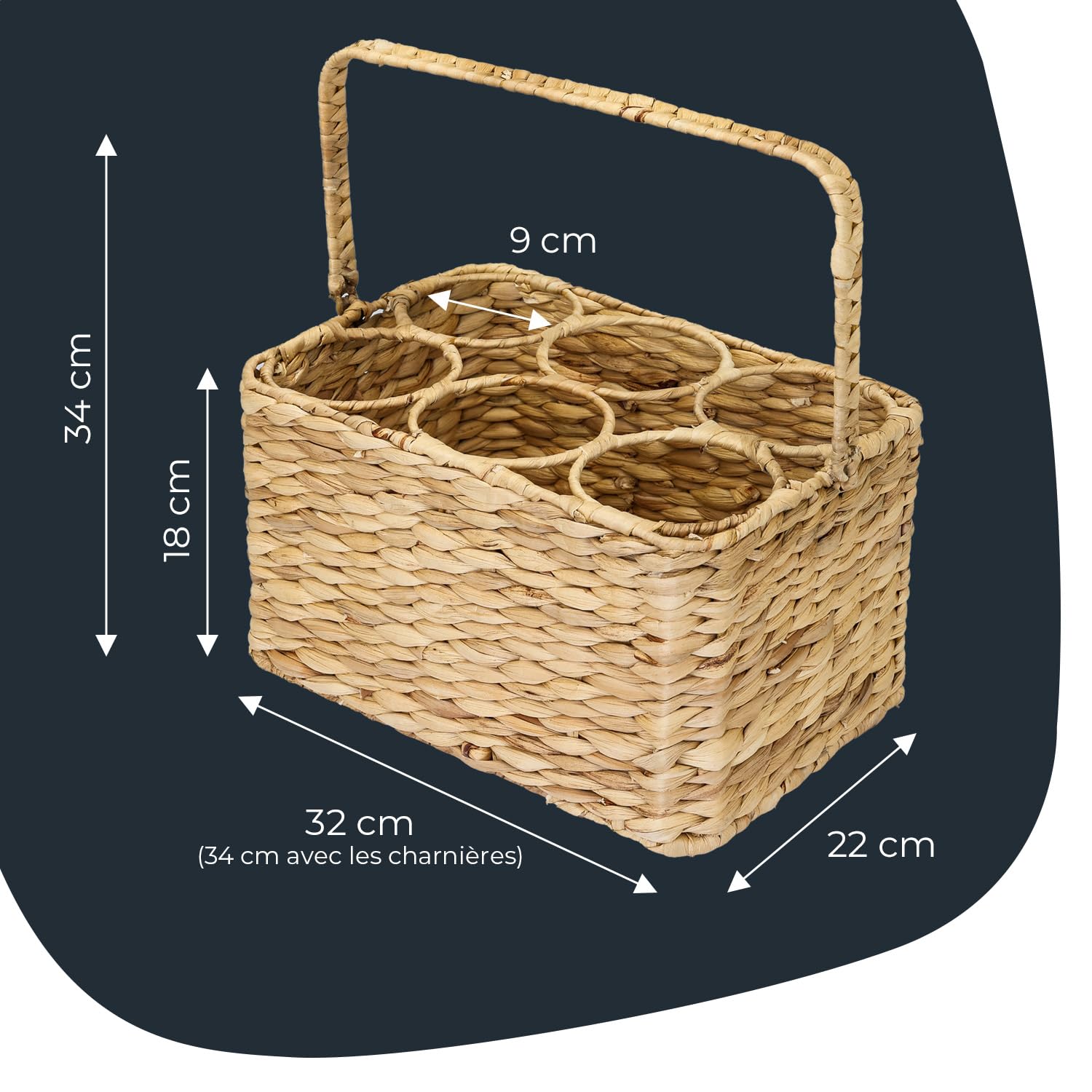 HMF Porte-bouteilles pour 6 bouteilles, panier à bouteilles tressé en jacinthe d'eau durable, 32 x 22 x 18 cm