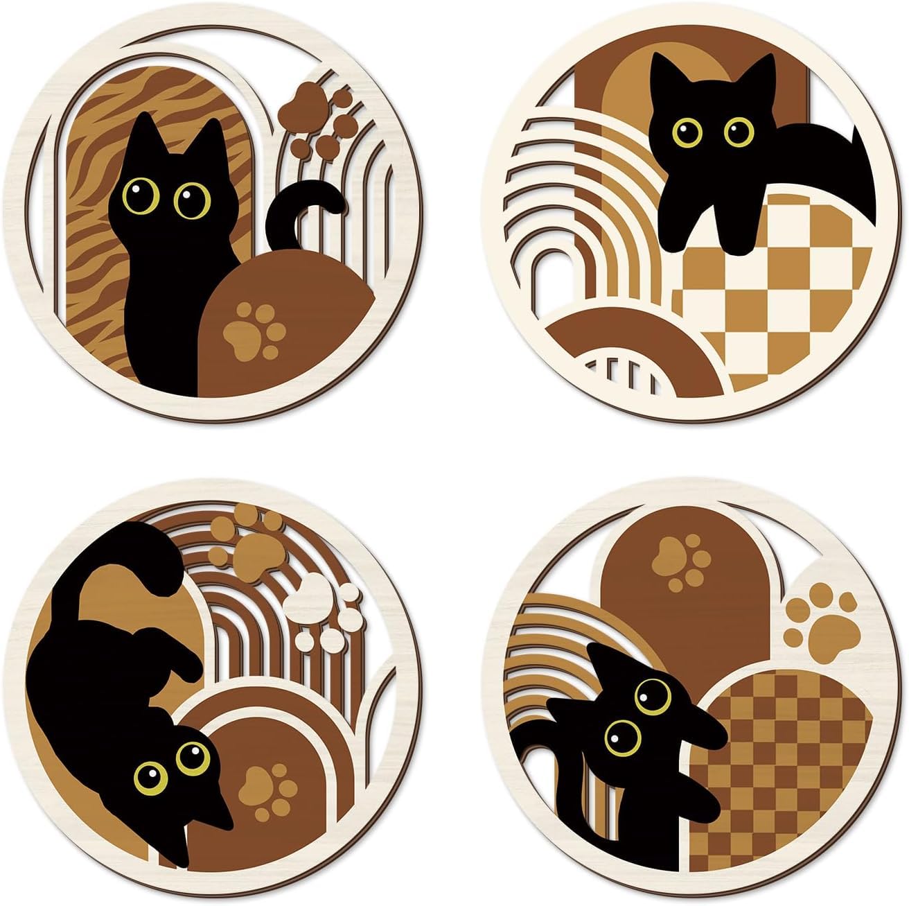 TOARTi 4PCS Boho Black Cat Wall Art Set, Minimalist Geometric Wooden Wall Decor,Abstract Bohemian Black Cats Hanging Sign,Farmhouse Cute Kitty Artwork for Bedroom Living Room Nursery Cat Lovers Gifts