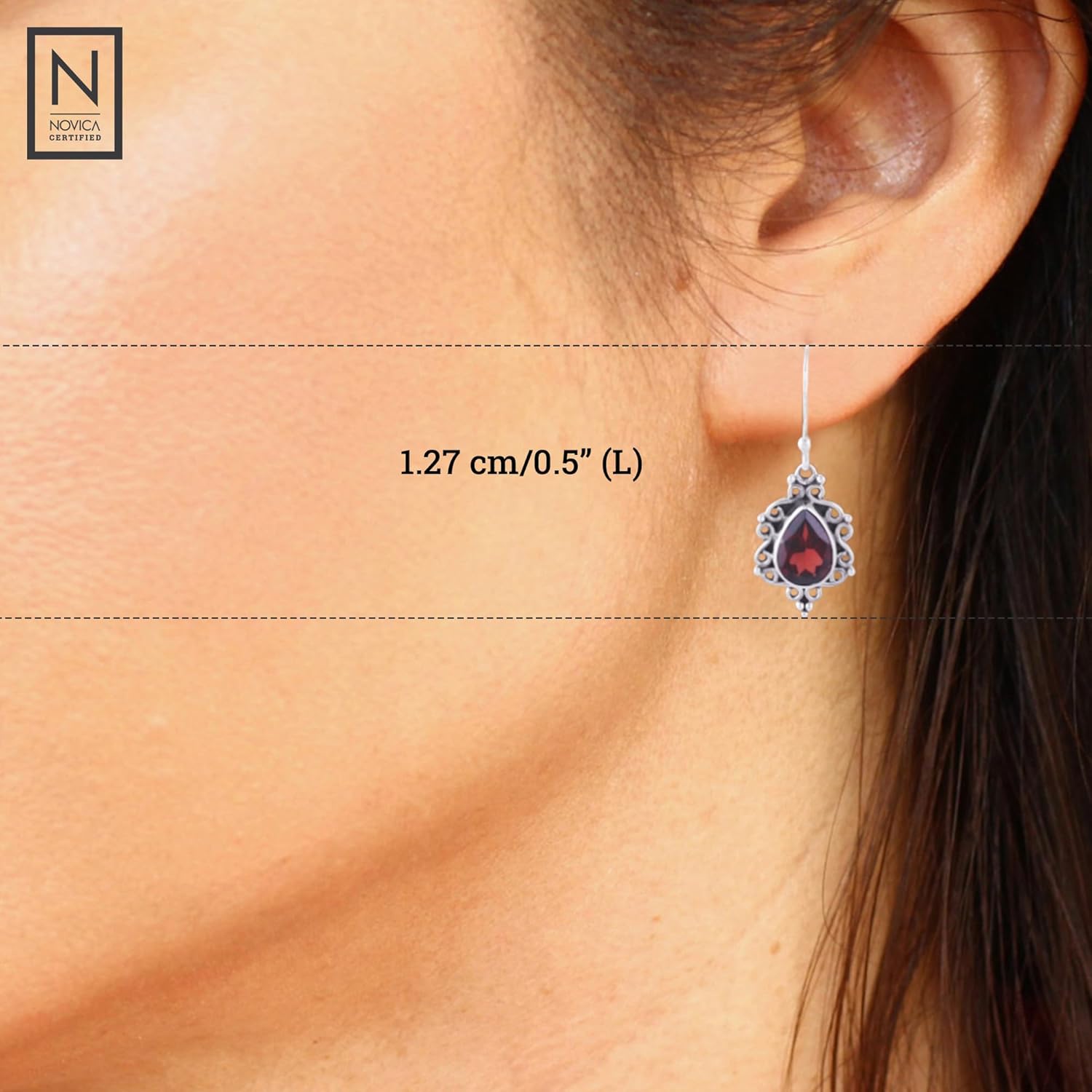 NOVICA Artisan Handmade Garnet Dangle Earrings | .925 Sterling Silver | Red Gemstone Birthstone | India | 'Red Intricacy' | 1.3" L x 0.5" W