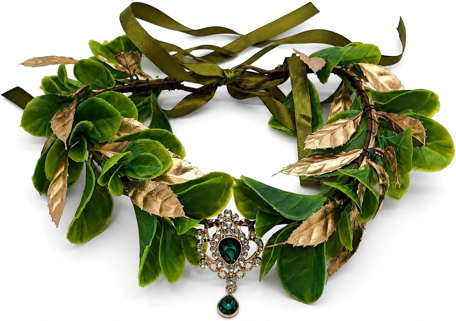 Woodland Leaf Circlet with Imitation Emerald Rhinestone Accent, Adjustable Elf Floral Head Wreath for Halloween Cosplay, Wedding, Renaissance Festival & Maternity Photoshoot