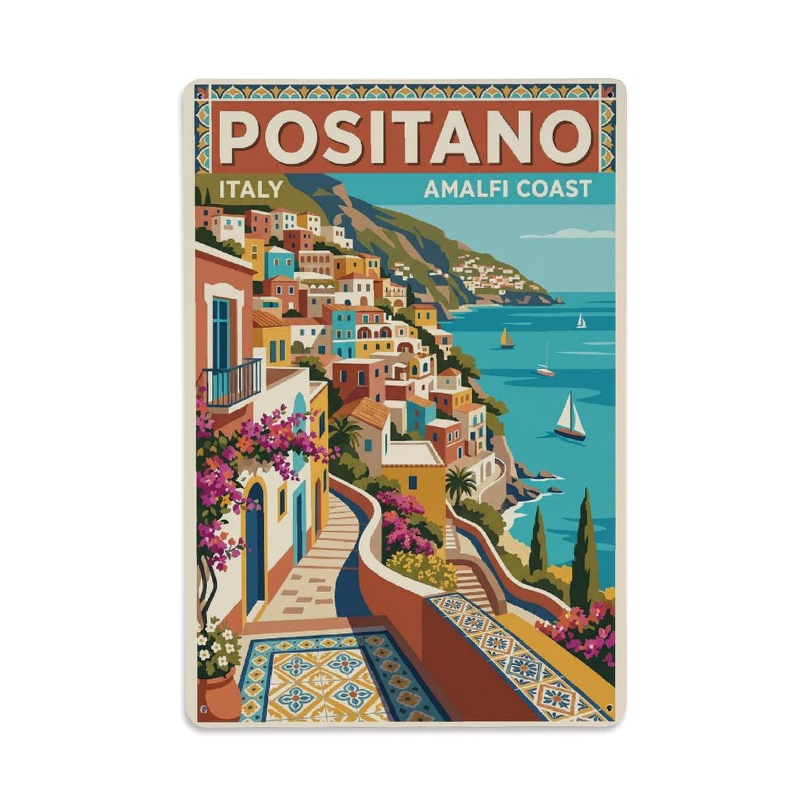 Vintage Travel Positano Italy Jasper Metal Tin Sign Plaque Wall Decor for Cafe, Club Bar, Office, Garden Metal Poster 8x12Inch