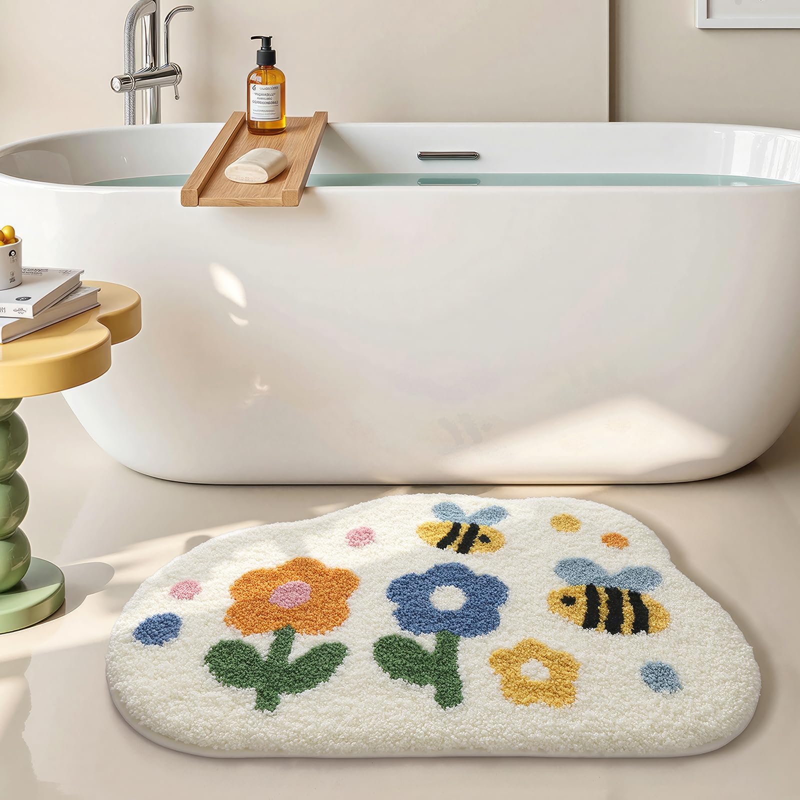 Justup Vloerkleed voor woonkamer, bloementapijt, zachte antislip badmat met hoge hygroscopiciteit, badmat, douchemat, voetmat, tapijt voor badkamer, woonkamer, toilet, 50 x 50 cm (bijenbloemen
