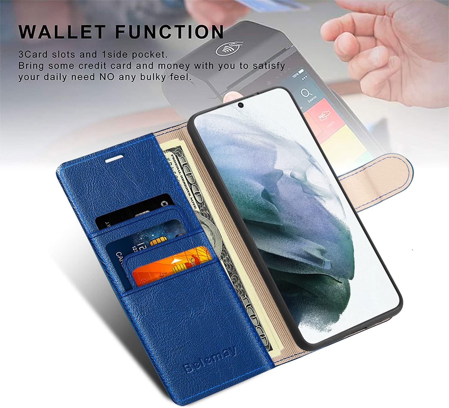 Belemay Compatible with Galaxy S21 FE 5G Wallet Case (6.4 inch) Premium Leather Flip Case [RFID Blocking] Card Holder [Undetachable Interior Shell] Magnetic Folio Folding Cover for Men Women, Blue
