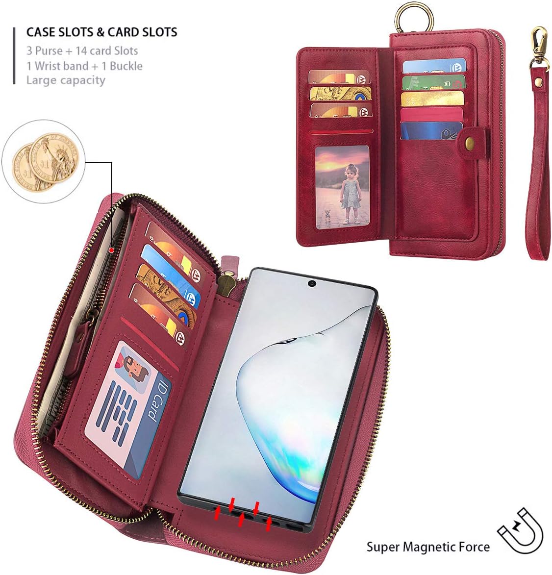 Petocase Compatible Note 10 Plus Wallet Case, Multi-Functional PU Leather Zip Wristlets Clutch Detachable Magnetic 13 Card Slots 4 Cash Purse Protection Cover for Samsung Galaxy Note 10 Plus Red