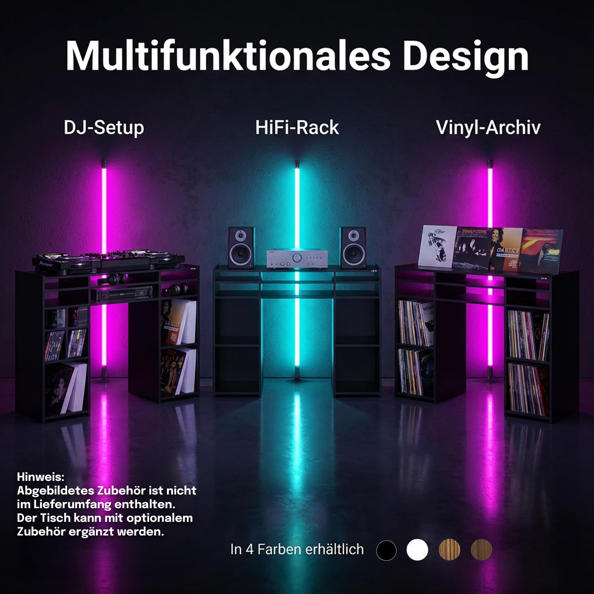 Zomo Deck Stand Vegas – DJ Tisch 130 x 40 x 97 cm – Schwarz - MDF Holz – 2 Ebenen mit 19 Zoll Rack und Vinylaufbewahrung - Platz für 2 Decks und einen Mixer