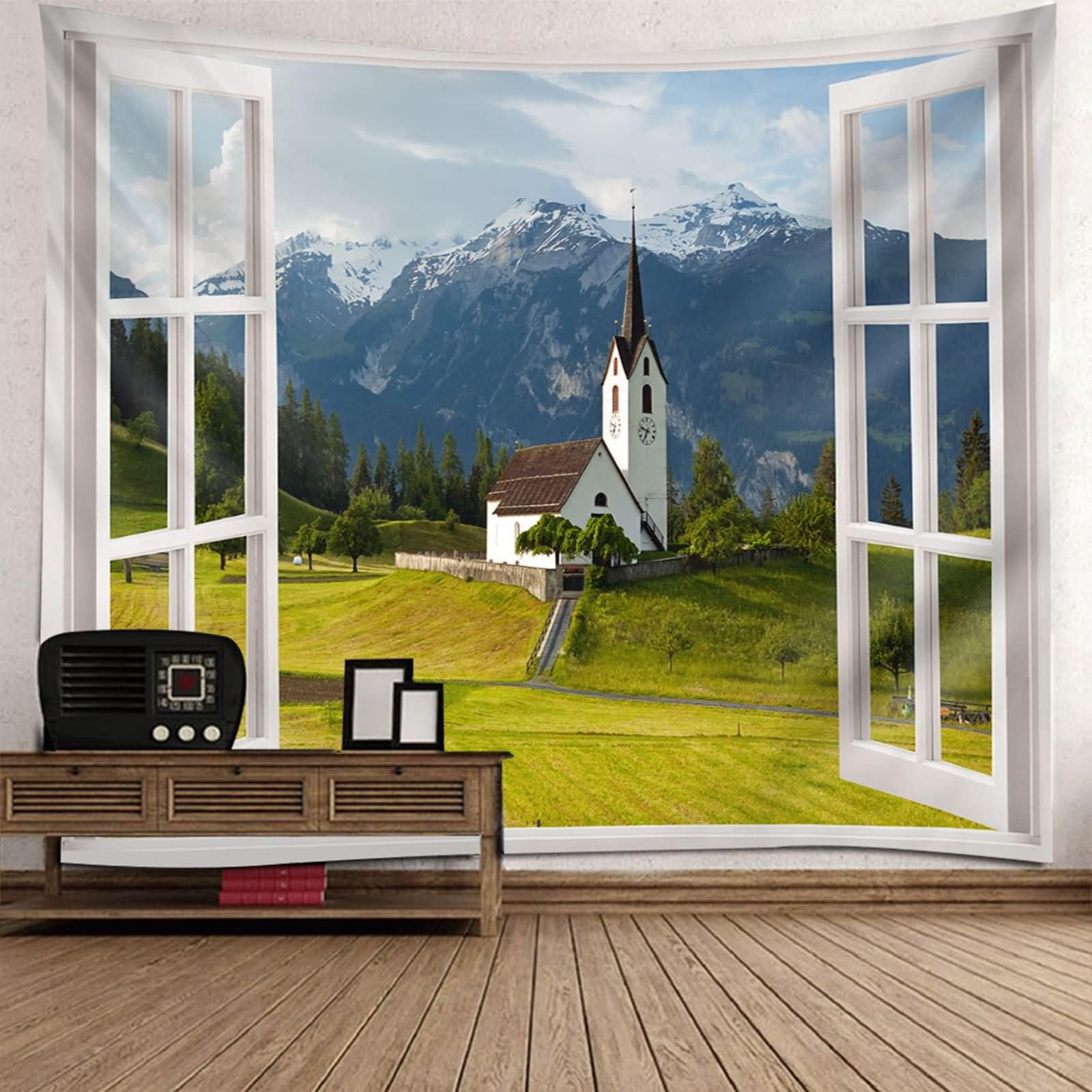 Homxi Wandteppich Klein Querformat 300 W x 256 H CM, ​​Fenster mit Häusern und Bergen​​, Polyester Tapestry Room Decor, Weiß Grün Braun