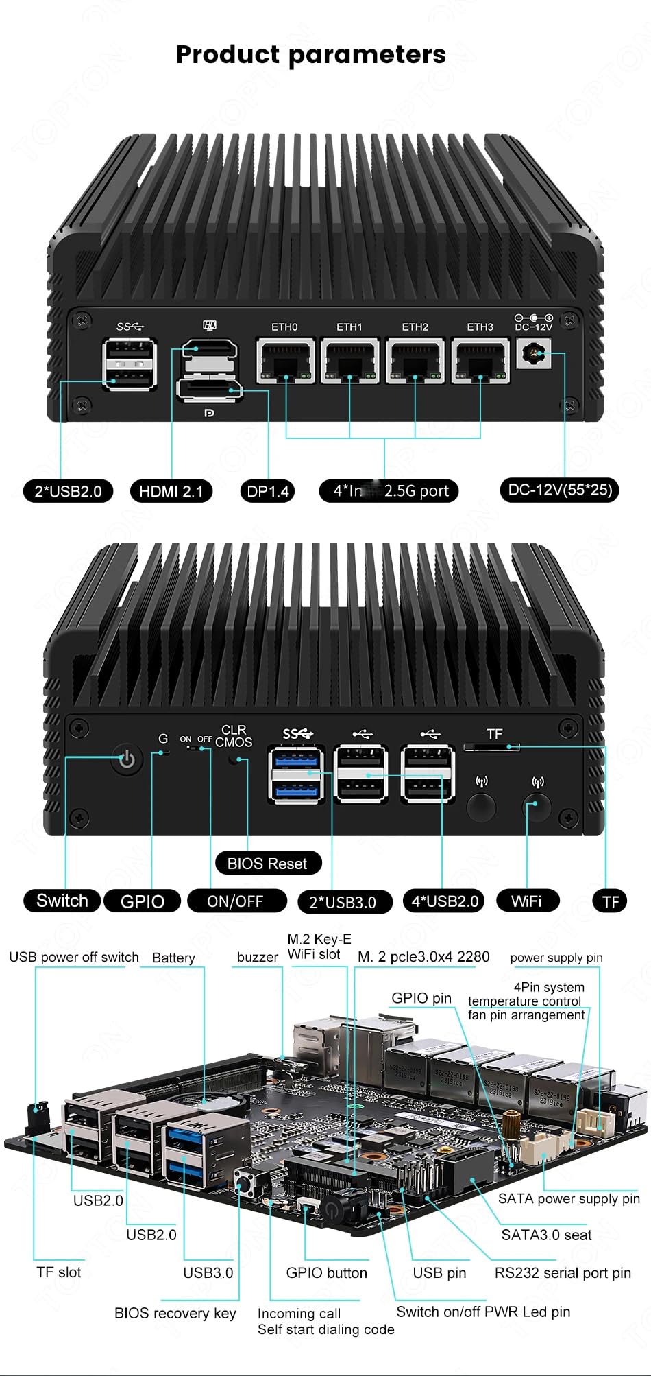 Firewall Mini PC Quad Core N150 Barebone, hardware de computadora sin ventilador, dispositivo de micro enrutador con 4xI226-V 2.5GbE LAN, DDR5 M.2 NVMe x4/SATA3.0, WiFi6, compatible con oficina en
