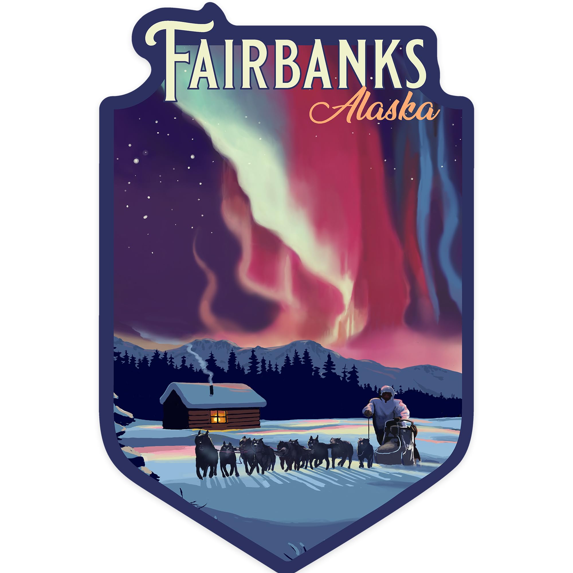 Lantern Press Sticker Fairbanks, Alaska, Northern Lights and Dogsled, Die Cut Vinyl, (Waterproof Decal for Cars, Water Bottles, Laptops, Coolers),