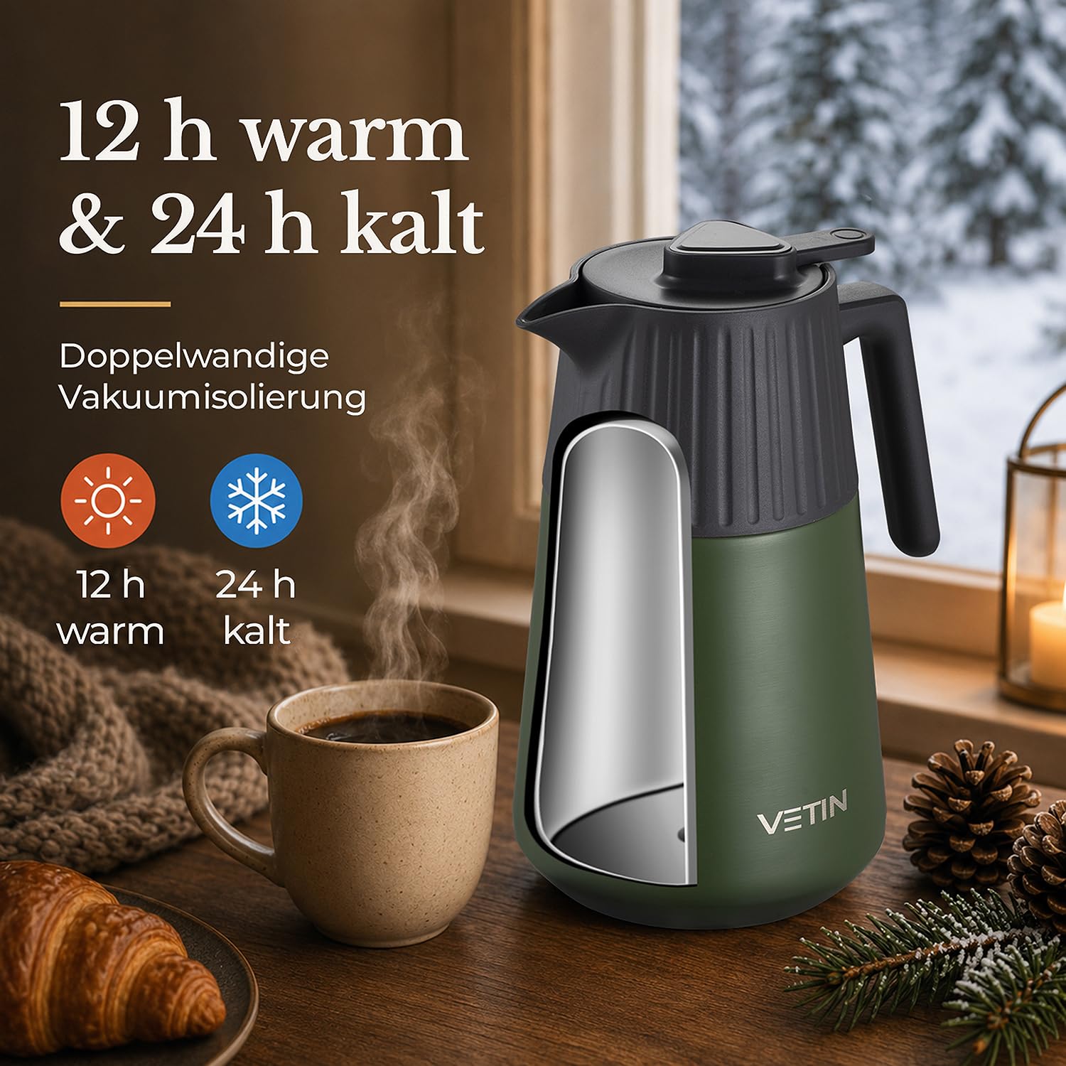 VETIN Termo de acero inoxidable 316, 1,5 l, jarra térmica | A prueba de fugas, 12 h caliente y 24 h frío, para té, café y bebidas frías