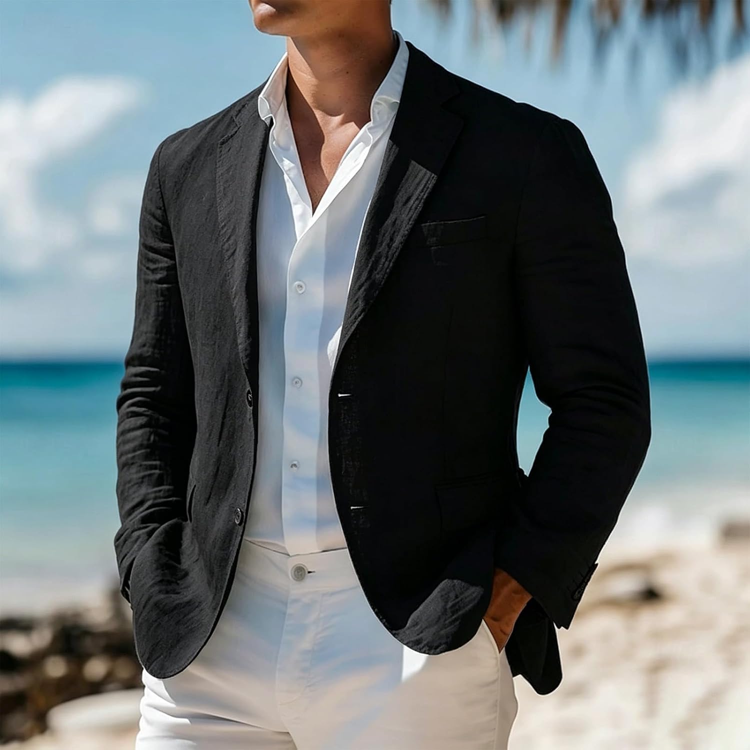Linen Blazer Jacket for Mens Notch Lapel Long Sleeve Button Suit Jacket Lightweight Summer Vacation Wedding Blazers