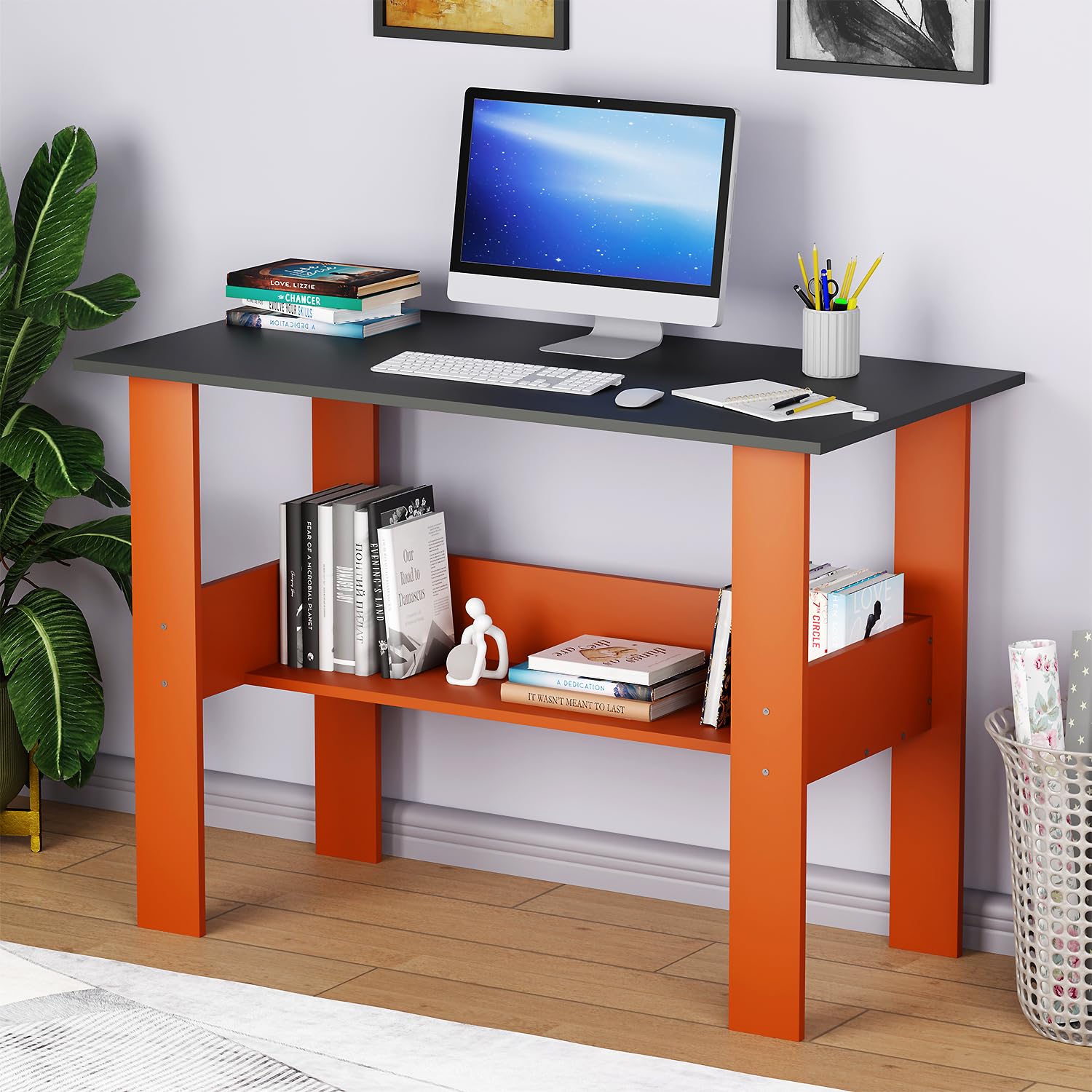Lukzer Premium Engineered Wood Computer Desk with One Tier Shelves Laptop Study Table for Office Home Workstation Writing Modern Desk (ST-004/Lava Mist / 90 x 50 x 77 cm)