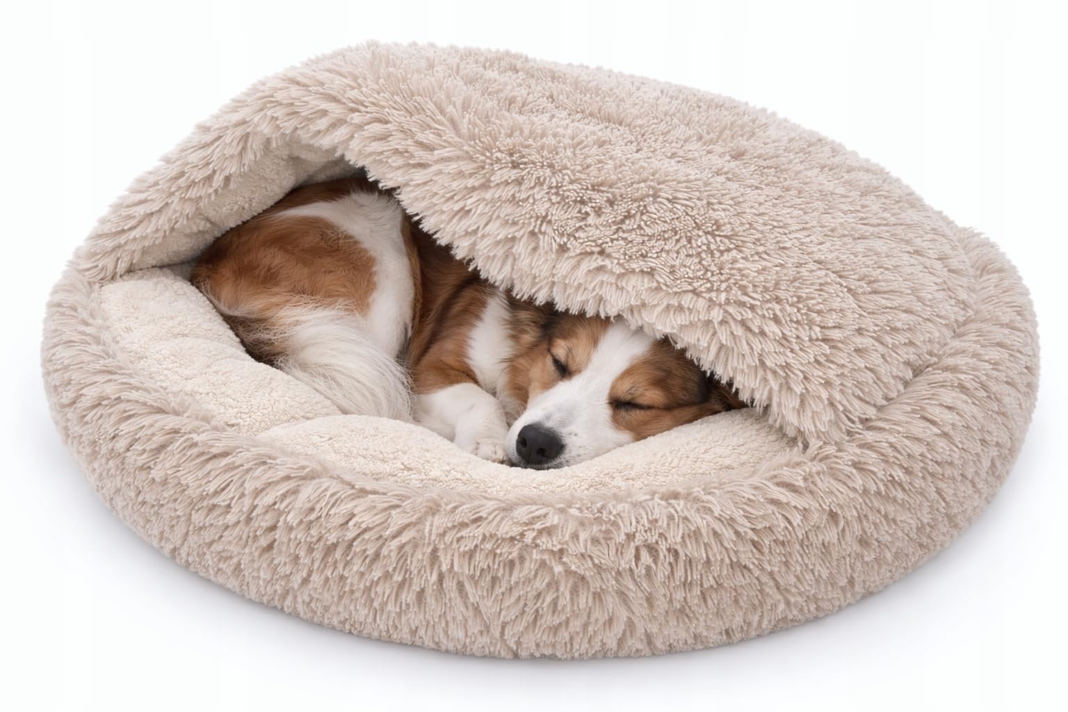 Odolplusz Rundes Kuschel-Hundebett und Katzenbett, Beige, Shaggy Bouclé, Schlafsack-Design, Warmes Höhlenbett, Rutschfester Boden, Maschinenwaschbar, für Mittelgroße Hunde und Große Katzen (80 cm)