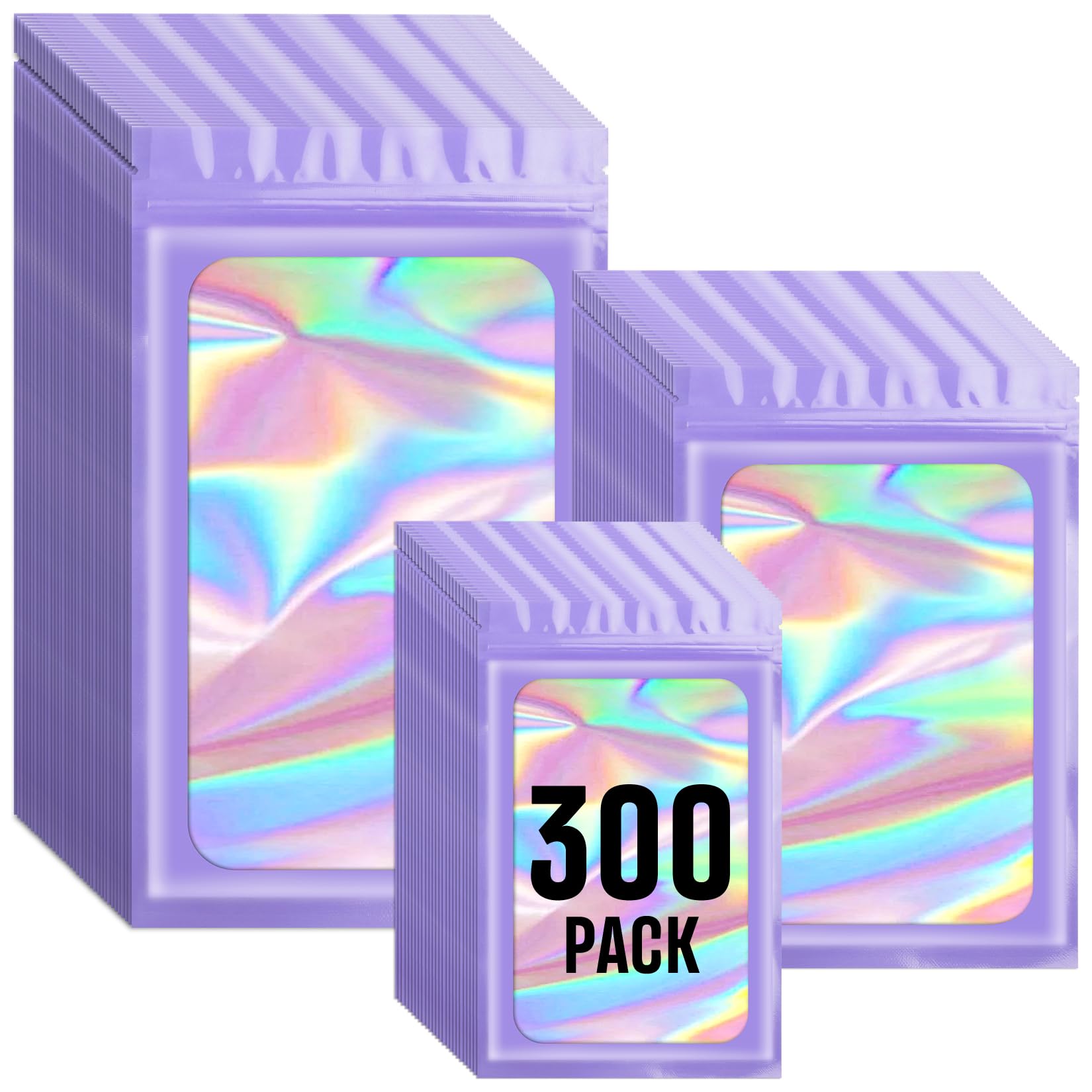 Funfery 300 Pack 3 Size Mylar Holographic Bags with Clear Window,Resealable Bag Smell Proof Foil Baggies Packaging Pouch for Food Storage,Sample,Small