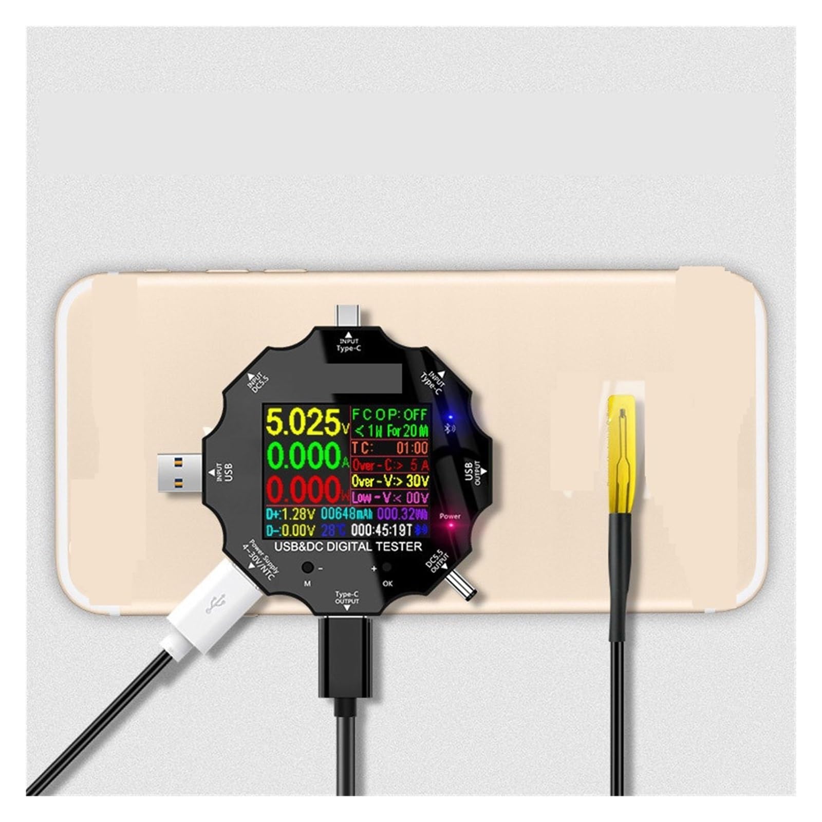 Testeur USB, Testeur USB voltmètre numérique cc, ampèremètre de tension, ampèremètre USB3.0, détecteur 18 en 1, chargeur de batterie externe + pince Crocodile cc(Add LOAD)