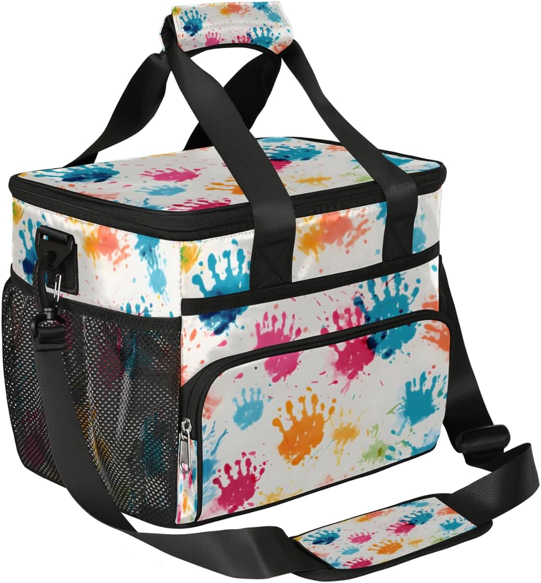 Hand Paint Insulated Picnic Backpack Lunch Box for Women Men Picnic Basket Tote Lunch Bag Picnic Bag Portable Lunch Bags for Picnic, Beach, Work, Trip,Office, Camp Colorful Hand Prints