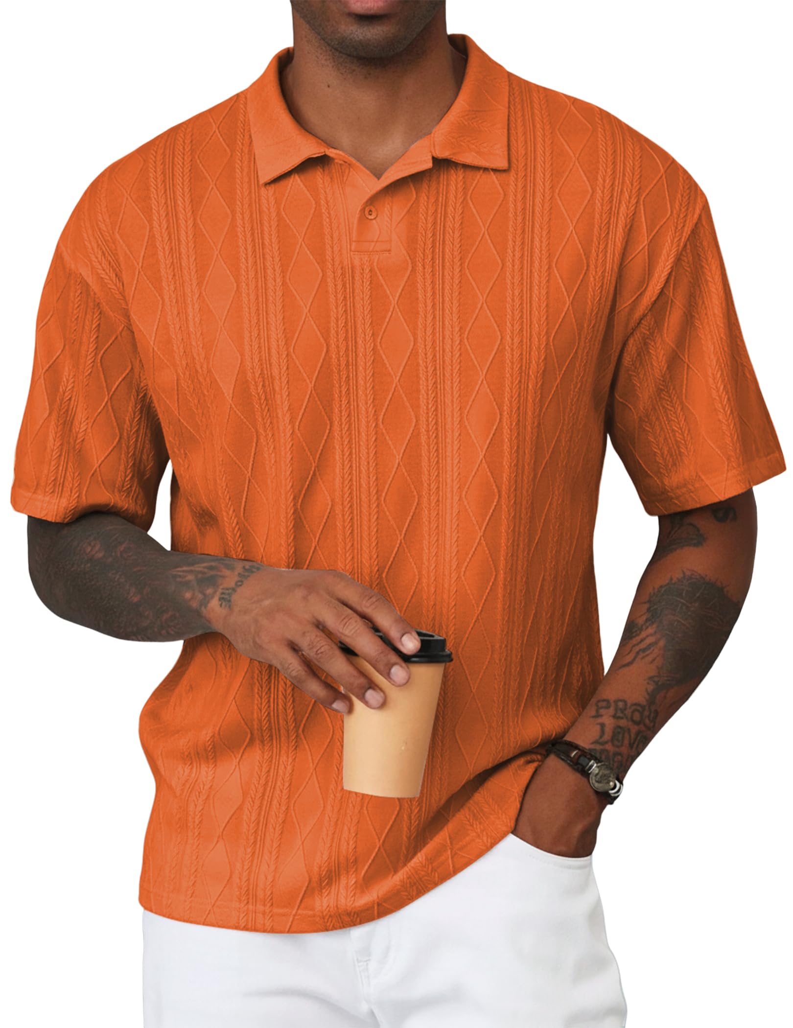 Mens Polo Shirt Textured Knit Button Casual Short Sleeve Summer Vacation Beach Stretchy Golf Shirts