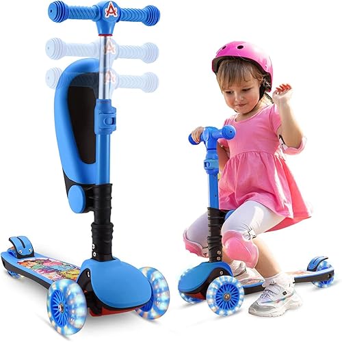SANSIRP 3 Wheel Toddler Scooter for Kids,2 in 1 Kick Scooter with Removable Seat 3 Level Adjustable Handlebar and Flashing PU Wheels,Kids Scooter