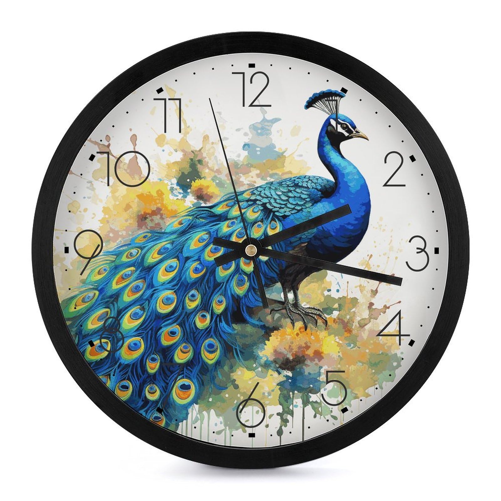 Horloge murale numérique paon aquarelle à piles pour la décoration du salon