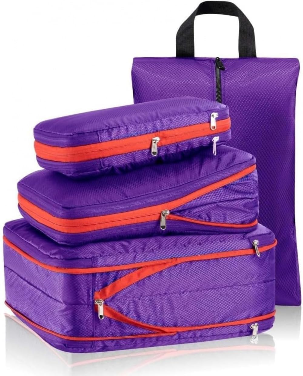 【国内即発】AZIEBAY 二重圧縮収納バッグ旅行用荷物とシューズバッグセット (パープル,4点セット（大・中・小+シューズバッグ）)