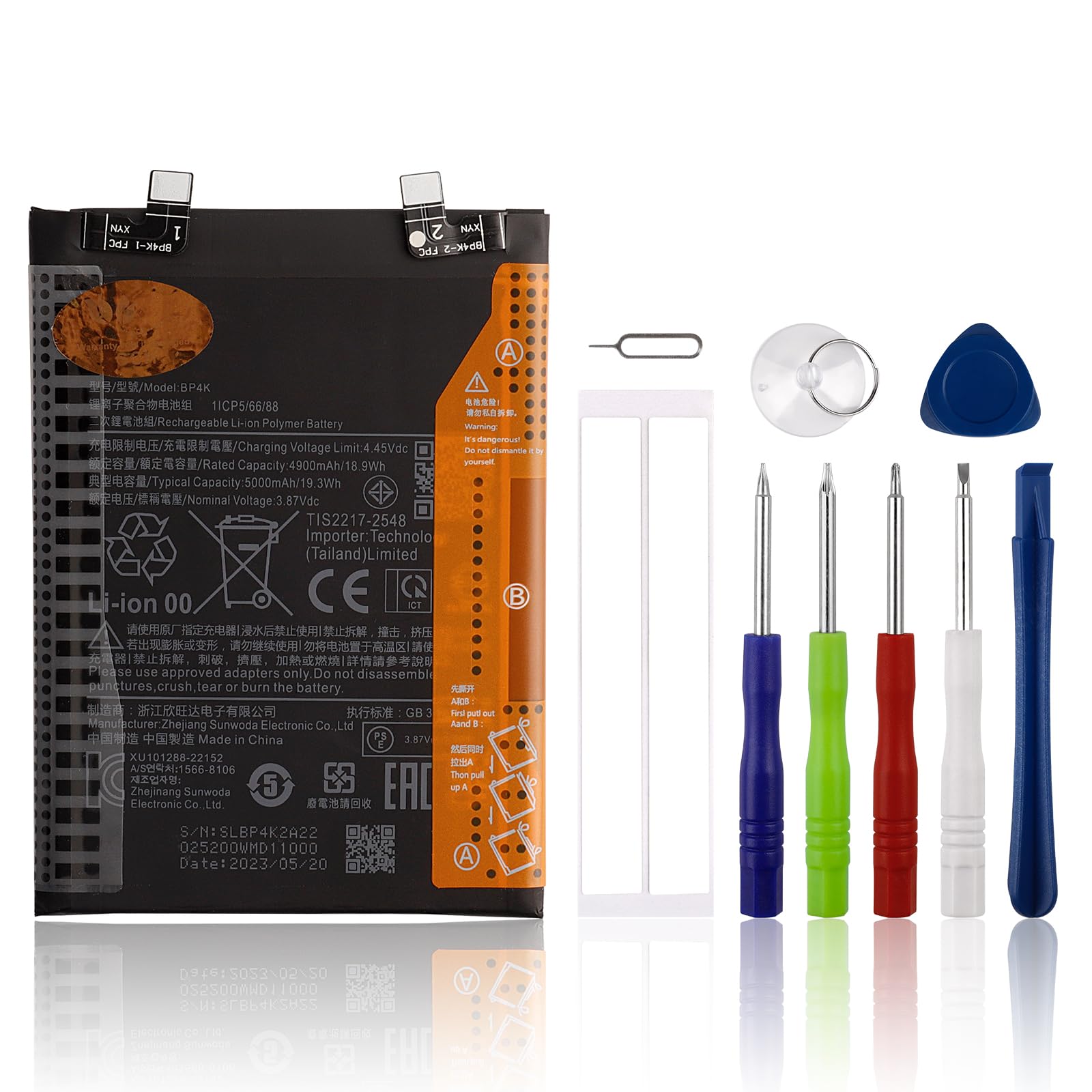 SwarKing BP4K replacement battery with warning labels