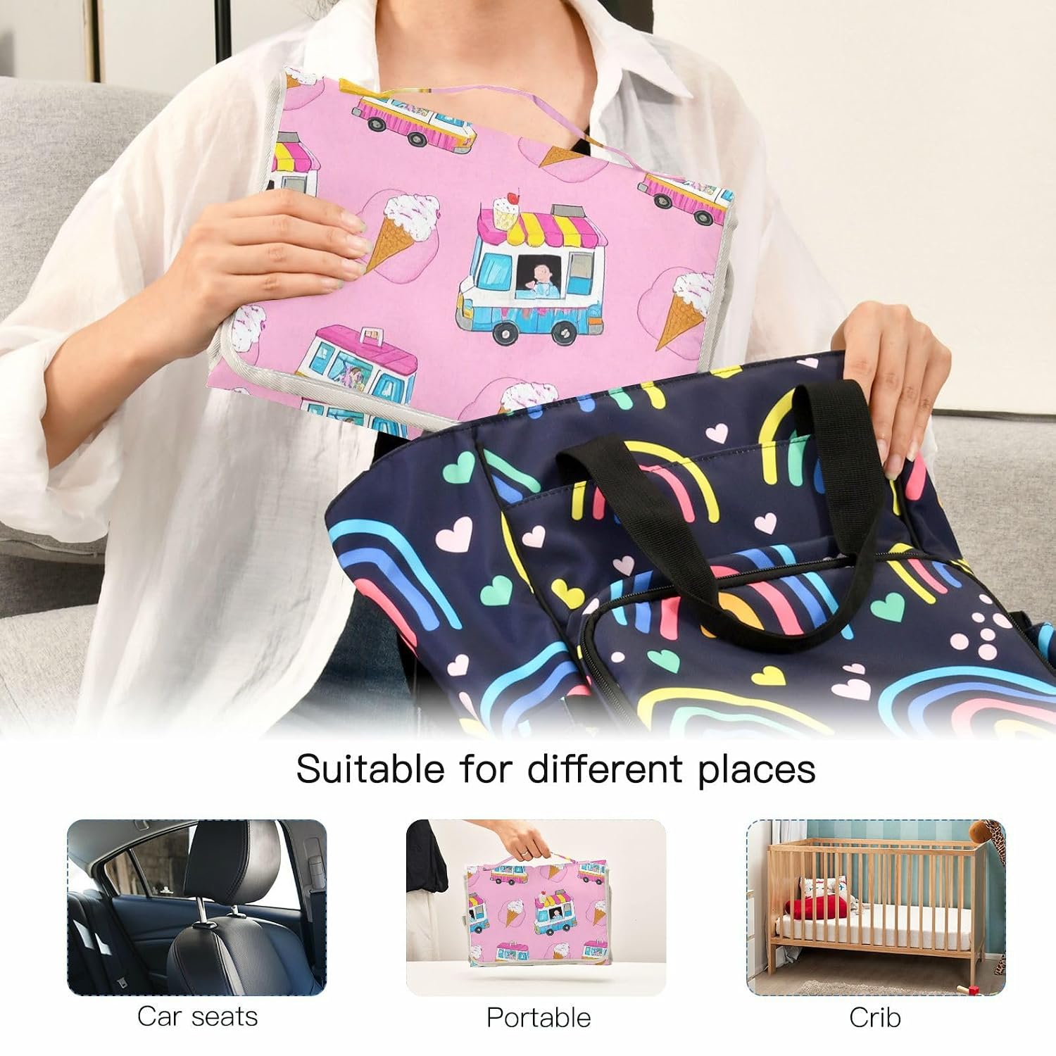 Pink Ice Cream Truck Summer Reusable Diaper Changing Pads with Tissue Pocket Baby Portable Changing pad for Moms, Dads cambiador de pa?ales para Bebes