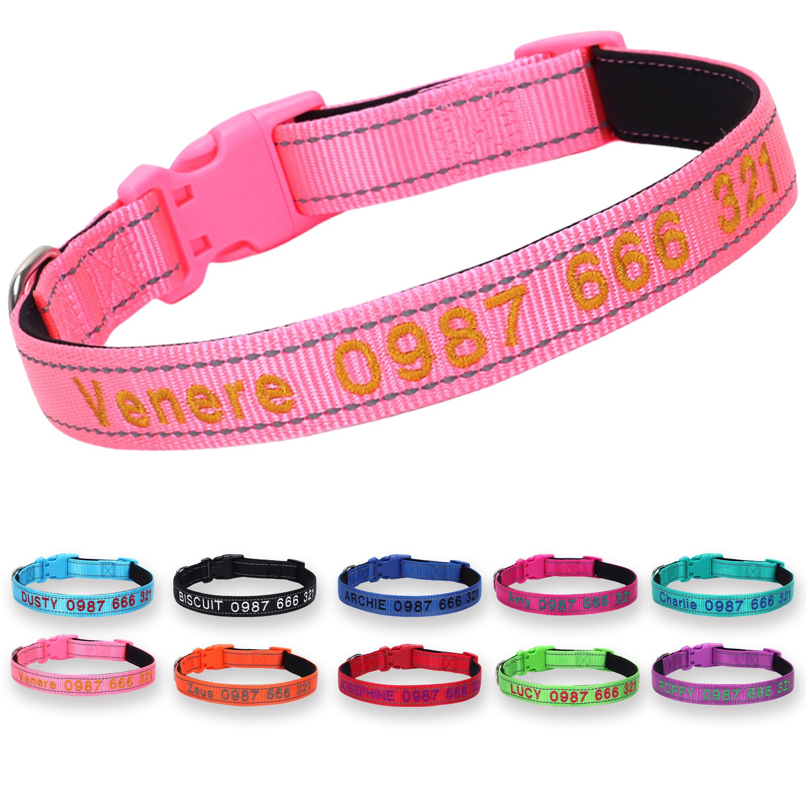 Padded Dog Collar,Soft Neoprene Personalized Pet Collar,Custom Embroidered Pet Name and Phone Number,Breathable Nylon Dog Collars,Quick Release Snap Buckle Dog Collar,pink