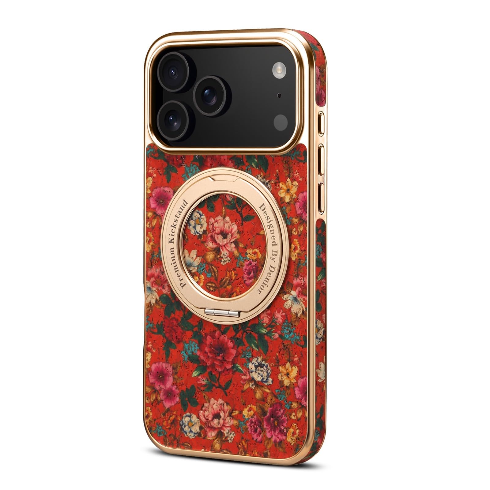 Generic Étui compatible avec Apple iPhone 14 Pro (couleur : rouge) étui rigide en cuir avec anneau en métal et fleur de luxe